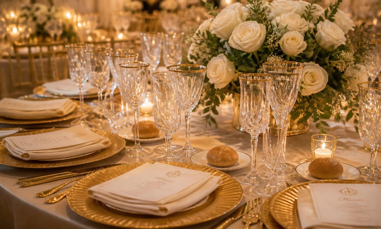 Close-up of a set table with gold chargers, crystal glasses and white rose centerpiece
