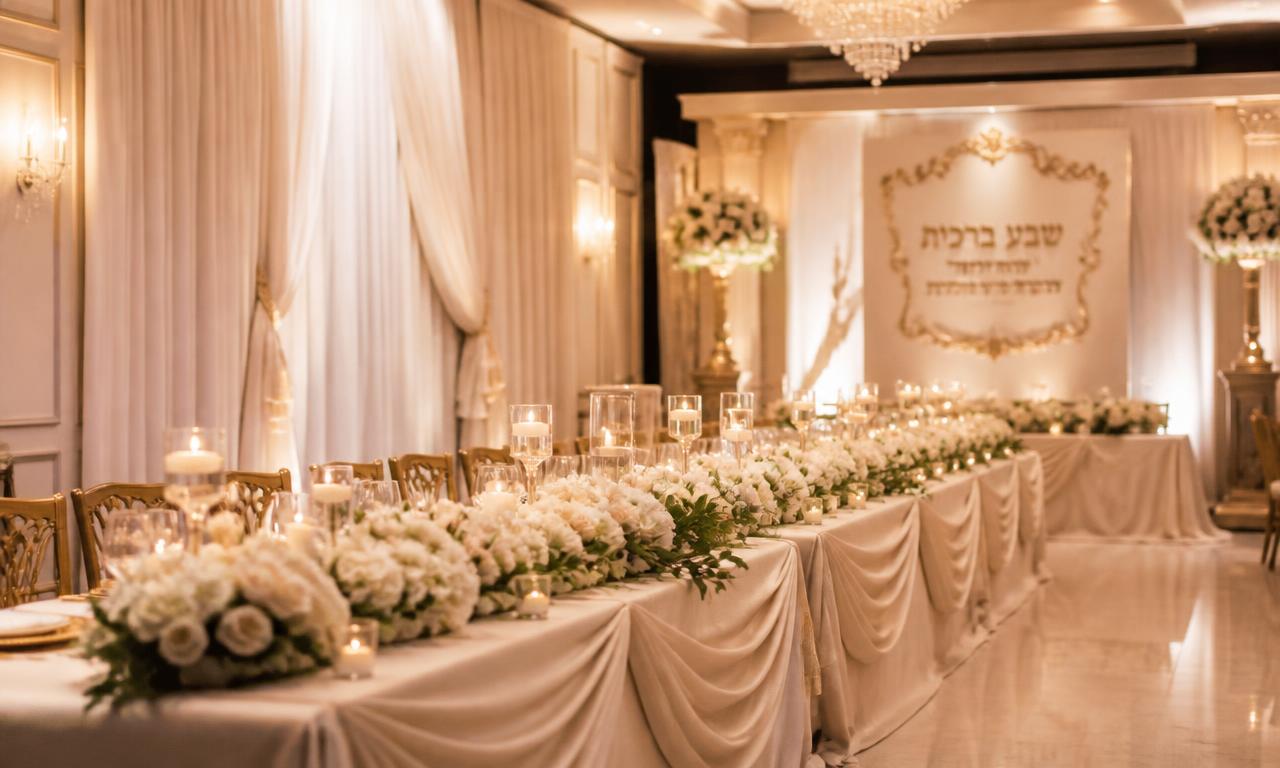 Sheva brachos hall with draped linens, floral runner and chandelier lighting