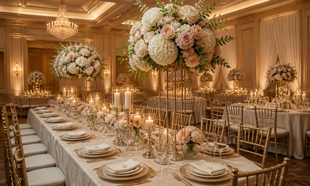 Banquet hall set with elegant tables, gold place settings and floral centerpieces